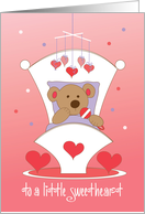 Hand Lettered First Valentine Day for Boy Bear in Cradle with Hearts card