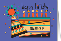 Hand Lettered Birthday From All of Us with Abstract Cake and Party Hat card
