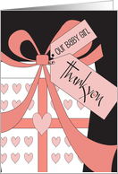 Hand Lettered Thank You for New Baby Girl Gift with Gift and Pink Bow card
