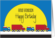 Hand Lettered Birthday for Great Grandson with Rolling Toy Trucks card
