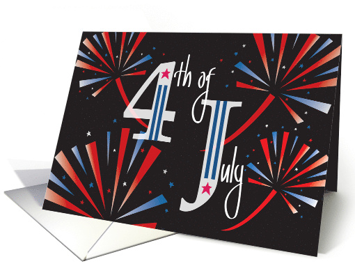 Hand Lettered 4th of July with Bursting Fireworks of Red and Blue card