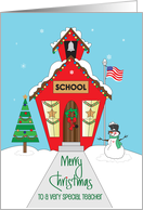 Christmas for Teacher with Red School House Decorated for Holidays card