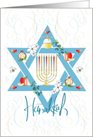 Hanukkah with Star of David Flowers Menorah with Candles and Honey card