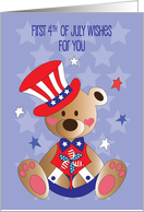 First 4th of July For Boy with Bear in Patriotic Hat Holding Pinwheel card