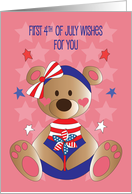 First 4th of July For Girl with Bear in Patriotic Bow Holding Pinwheel card