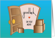 Hand Lettered Good Luck on Your Move to a New Home Open Door and Boxes card