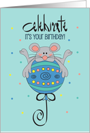 Hand Lettered Missing You on Your Birthday Mouse on Ornate Balloon card