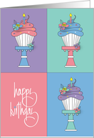 Hand Lettered Birthday Repeating Cupcakes Cake Stand and Flowers card