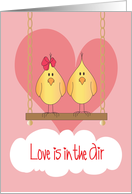 Hand Lettered Love is in the Air Two Yellow Birds on Swing with Heart card