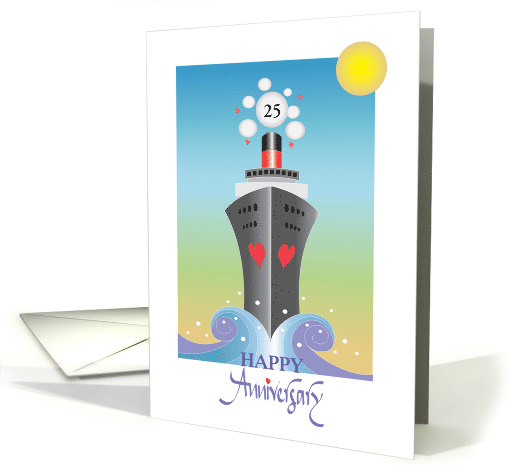 Hand Lettered Happy Anniversary with Cruise Ship and Custom Years card