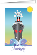 Hand Lettered Happy Anniversary with Cruise Ship and Custom Years card