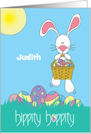 Hand Lettered Hippity Hoppity White Bunny and Egg Basket Hopping card