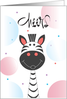 Hand Lettered Cheers Birthday with Striped Zebra and Pastel Balloons card
