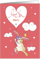 Hand Lettered Love You Valentine with Bunny and Balloon Custom Name card
