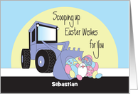 Hand Lettered Easter Front Loader Scooping Up Eggs with Custom Name card