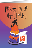 Hand Lettered Friday the 13th Birthday Black Cat on Cake with Calendar card