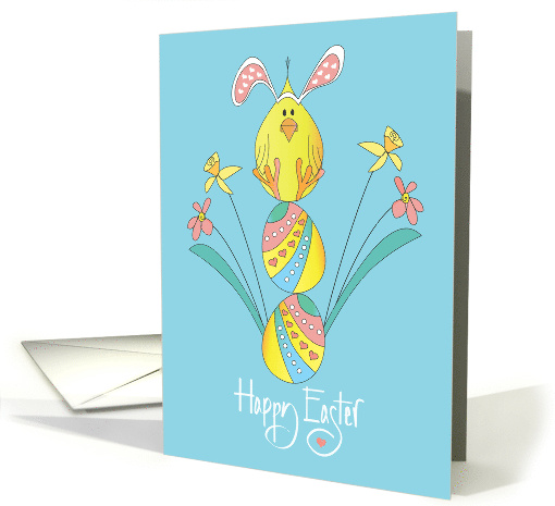 Hand Lettered Easter Chick Balancing on Decorated Easter Eggs card
