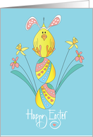 Hand Lettered Easter Chick Balancing on Decorated Easter Eggs card