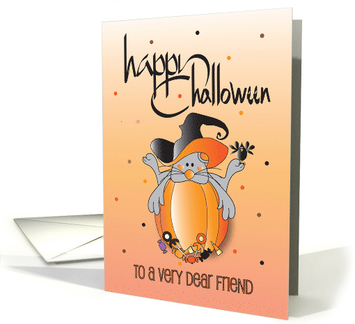 Hand Lettered Halloween for Friend Mouse in Witch Hat on Pumpkin card