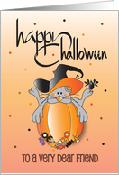 Hand Lettered Halloween for Friend Mouse in Witch Hat on Pumpkin card
