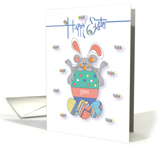 Hand Lettered Easter with Gray Mouse on Decorated Egg Custom Name card