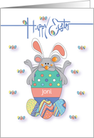Hand Lettered Easter with Gray Mouse on Decorated Egg Custom Name card
