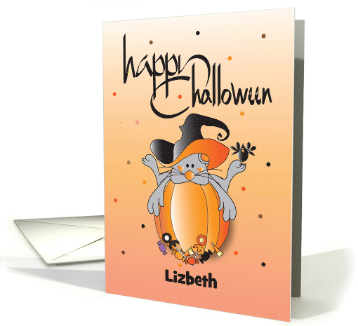 Hand Lettered Halloween Mouse on Pumpkin with Candy Custom Name card