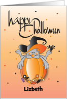 Hand Lettered Halloween Mouse on Pumpkin with Candy Custom Name card