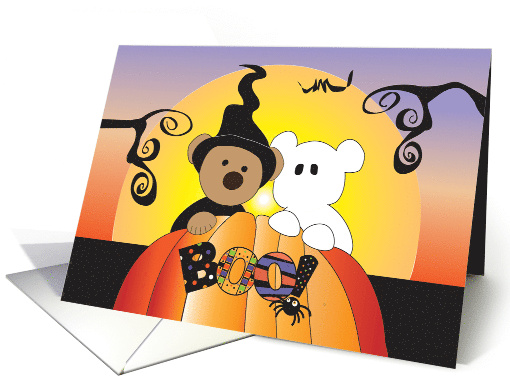 Halloween Boo Trick or Treaters Witch and Ghost in Orange Pumpkin card