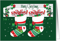 Hand Lettered Christmas Decorated Stockings on White Fireplace Mantle card