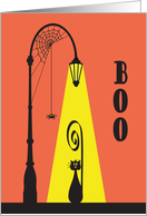 Halloween Boo Black Cat in Streetlight with Curly Tail and Spiderweb card