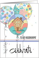Hand Lettered Celebrate Birthday Housekeeper Balloon Trio and House card