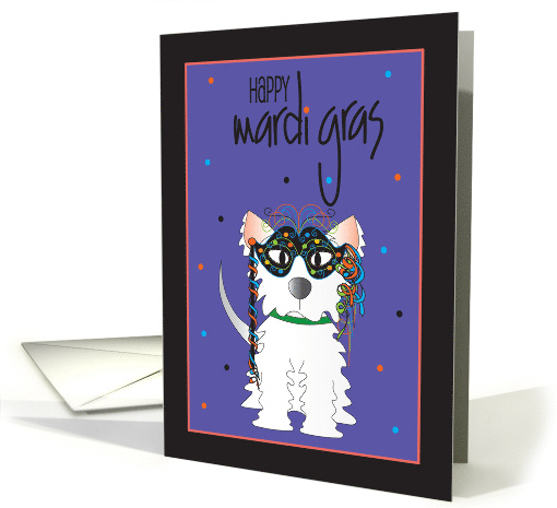 Hand Lettered Mardi Gras with Fluffy Dog in Mardi Gras Black Mask card
