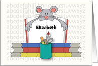 Back to School Gray Mouse with Stacked Books Open Book Custom Name card
