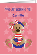 Fourth of July for Girl Bear Red White and Blue Heart with Custom Name card