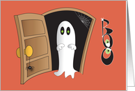 Hand Lettered Halloween Boo Ghost at Open Door with Spider and Web card