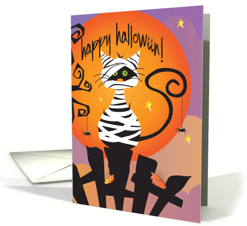Hand Lettered Halloween Mummy Black Cat Curly Tail on Black Fence card