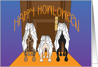 Hand Lettered Happy Howloween Trio of Trick or Treating Dogs at Door card