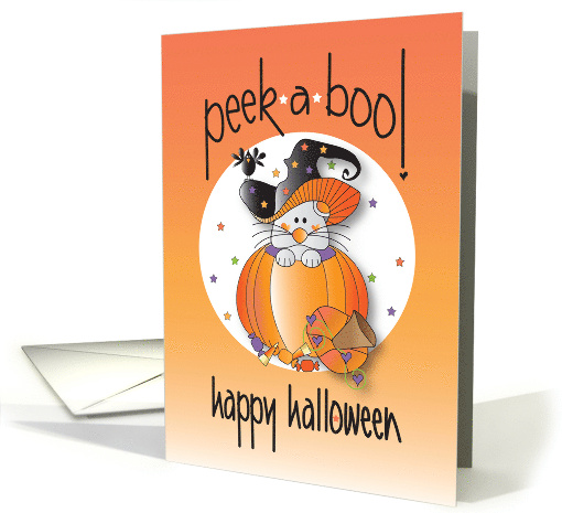 Hand Lettered Peek a Boo Mouse in Pumpkin in Witch Hat with Crow card