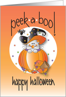 Hand Lettered Peek a Boo Mouse in Pumpkin in Witch Hat with Crow card