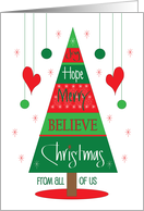 Hand Lettered Christmas Tree Filled with Festive Words From All of Us card