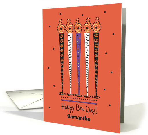 Hand Lettered Birthday on Halloween Decorated Candles Custom Name card
