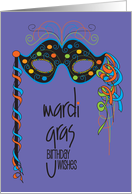 Hand Lettered Mardi Gras Birthday with Highly Decorated Black Mask card