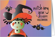 Hand Lettered Witching You a Happy Halloween Witch Girl in Curly Hat card
