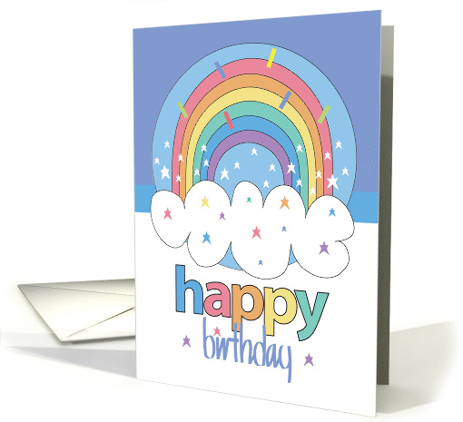 Hand Lettered Rainbow Happy Birthday with Stars and Cloud card