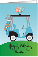 Hand Lettered Birthday Golfer Blue Golf Cart and Balloons Custom Name card