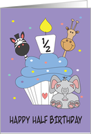 Half Birthday Boy Cupcake Animal Friends Zebra Giraffe Elephant Candle card