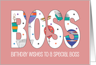 Birthday for Female Boss Pink with Balloons Papers Coffee and Pencils card