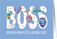 Birthday for Male Boss Blue with Balloons Papers Coffee and Pencils card