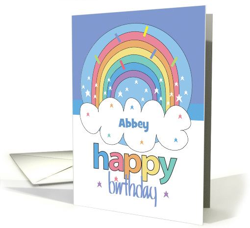 Hand Lettered Rainbow Birthday with Cloud and Stars Custom Name card